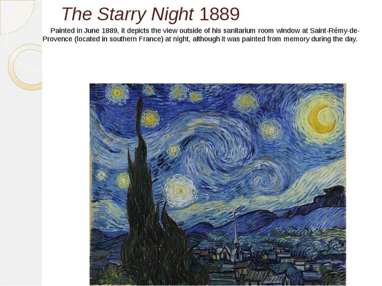 The Starry Night 1889 Painted in June 1889, it depicts the view outside of hi...