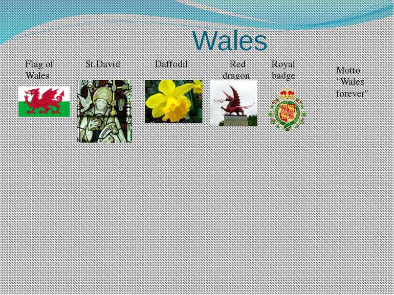 Wales Flag of Wales St.David Daffodil Red dragon Royal badge Motto "Wales for...