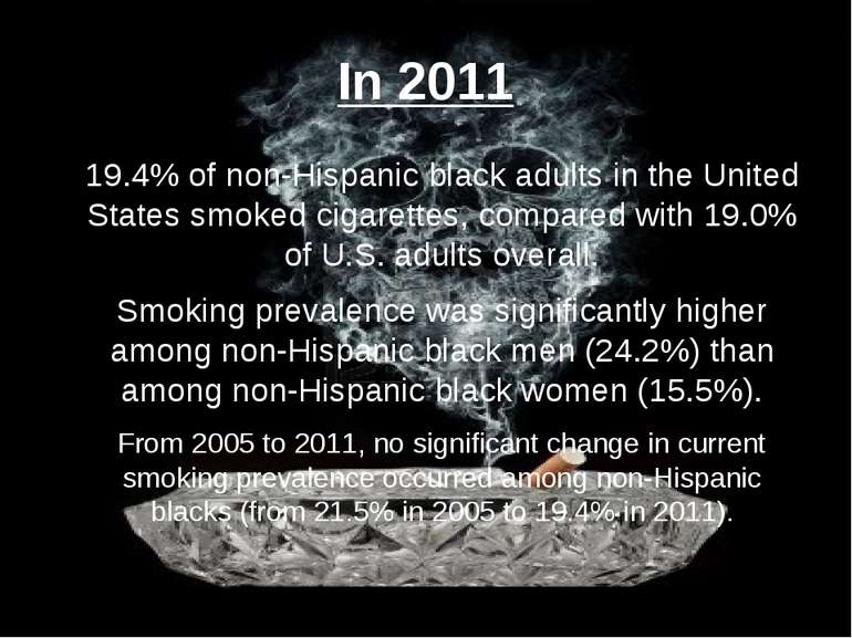 In 2011 19.4% of non-Hispanic black adults in the United States smoked cigare...