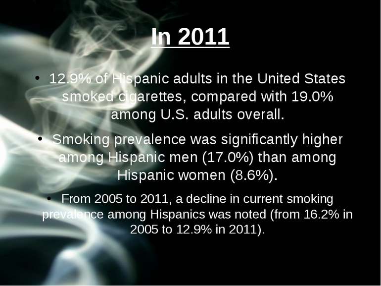 In 2011 12.9% of Hispanic adults in the United States smoked cigarettes, comp...