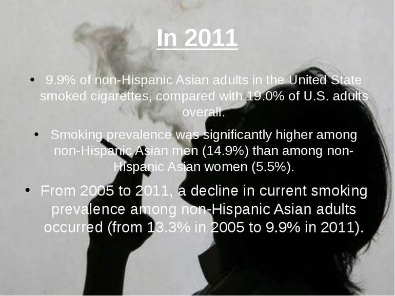 In 2011 9.9% of non-Hispanic Asian adults in the United State smoked cigarett...