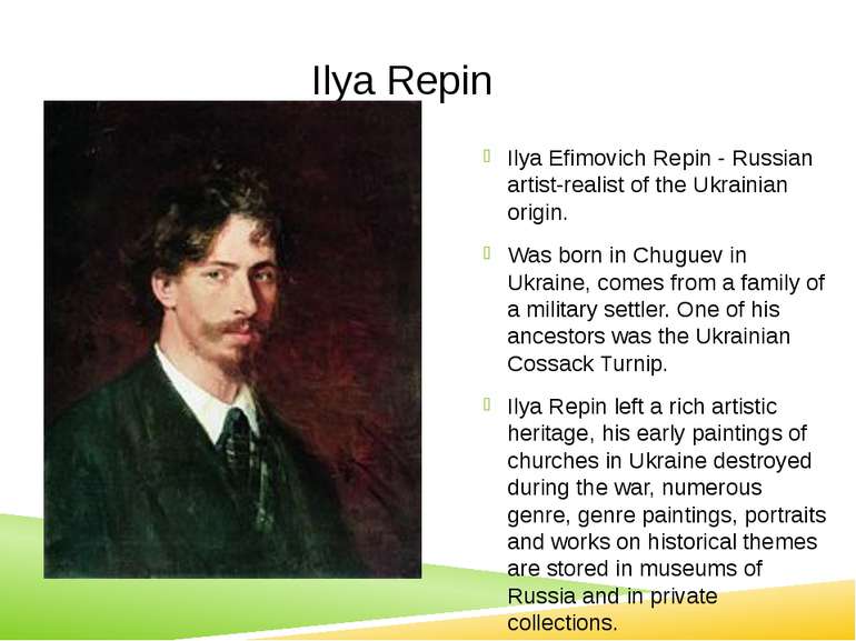 Ilya Repin Ilya Efimovich Repin - Russian artist-realist of the Ukrainian ori...