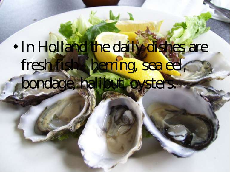 In Holland the daily dishes are fresh fish - herring, sea eel, bondage, halib...