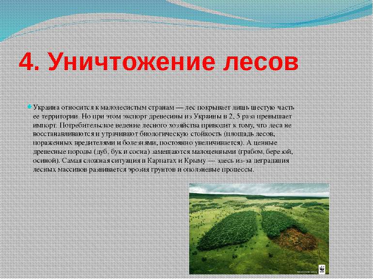 4. Уничтожение лесов Украина относится к малолесистым странам — лес покрывает...