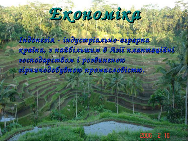 Економіка Індонезія - індустріально-аграрна країна, з найбільшим в Азії плант...