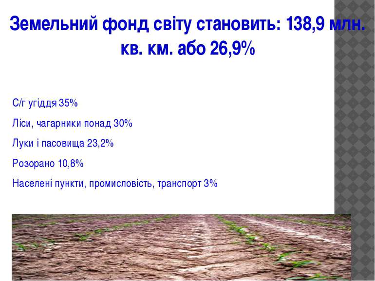 Земельний фонд світу становить: 138,9 млн. кв. км. або 26,9% С/г угіддя 35% Л...