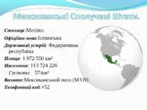 Столиця:Мехіко Офіційна мова:Iспанська Державний устрій: Федеративна республі...