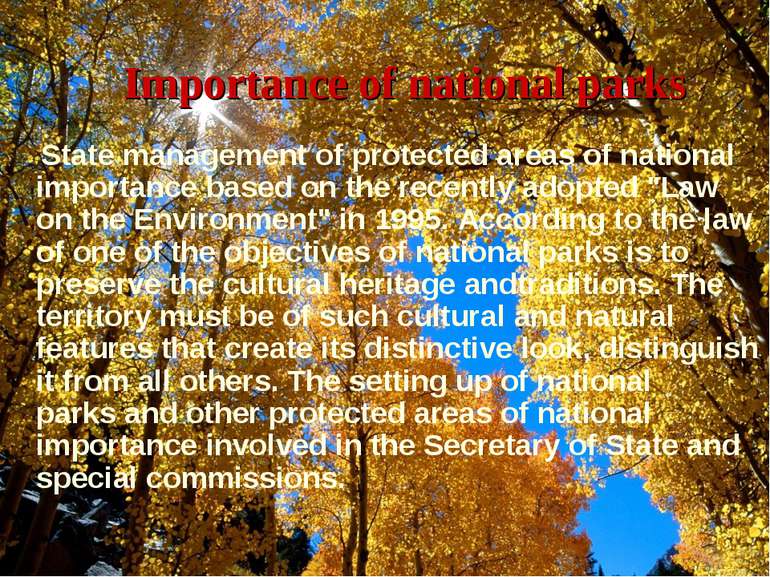Importance of national parks State management of protected areas of national ...
