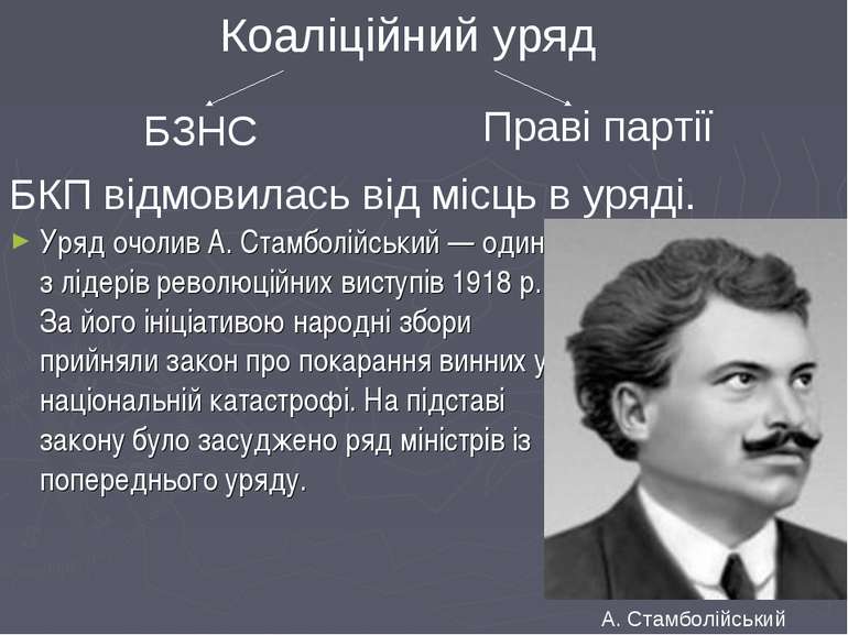 Уряд очолив А. Стамболійський — один з лідерів революційних виступів 1918 р. ...
