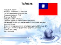 Тайвань Площа:36,191км² Кількість населення:23 млн. осіб Густота населення: 6...