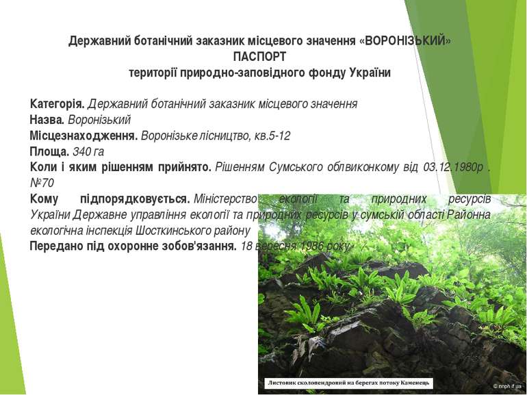 Державний ботанічний заказник місцевого значення «ВОРОНІЗЬКИЙ» ПАСПОРТ терито...