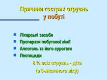 Причини гострих отруєнь у побуті Лікарські засоби Препарати побутової хімії А...