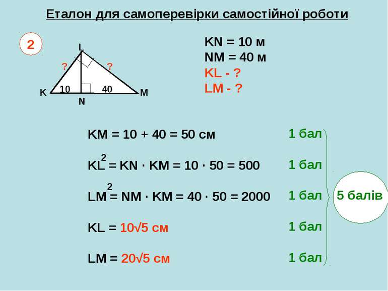 Еталон для самоперевірки самостійної роботи K L M N KN = 10 м NM = 40 м KL - ...