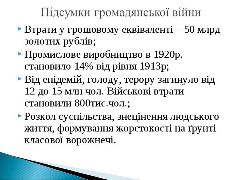 Втрати у грошовому еквіваленті – 50 млрд золотих рублів; Промислове виробницт...
