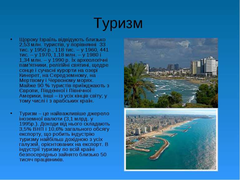 Туризм Щороку Ізраїль відвідують близько 2,53 млн. туристів, у порівнянні 33 ...