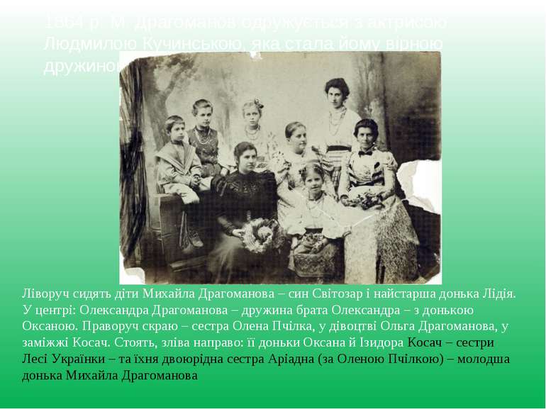 1864 р. М. Драгоманов одружується з актрисою Людмилою Кучинською, яка стала й...