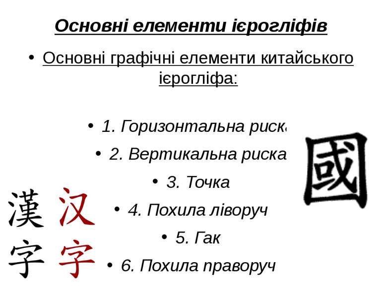 Основні елементи ієрогліфів Основні графічні елементи китайського ієрогліфа: ...