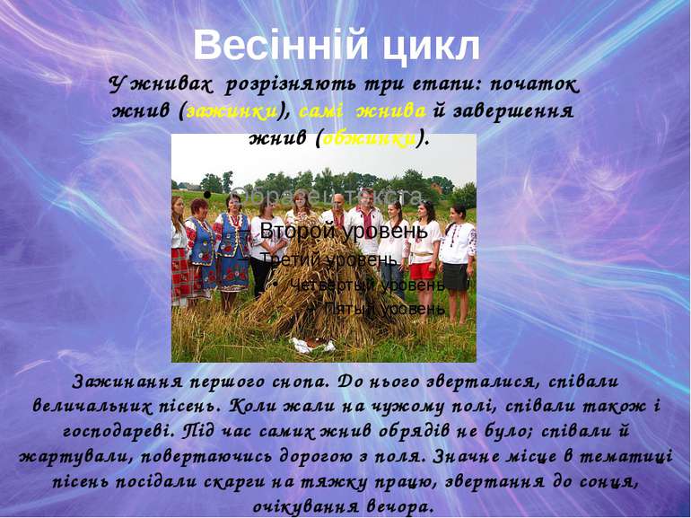 Весінній цикл Зажинання першого снопа. До нього зверталися, співали величальн...