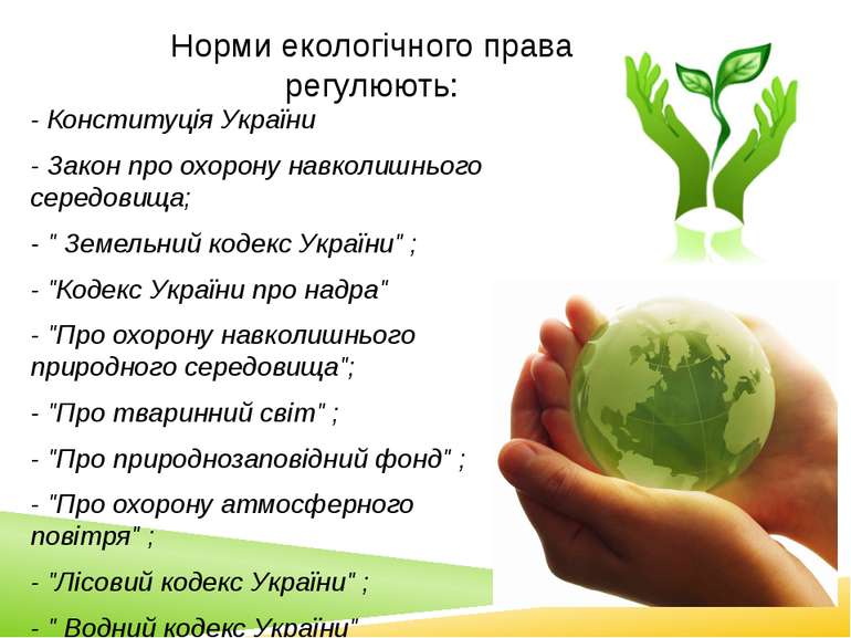 - Конституція України - Закон про охорону навколишнього середовища; - " Земел...