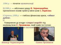 1994 р. — початок приватизації. 1998 р. — відставка уряду В. Чорномирдіна, пр...
