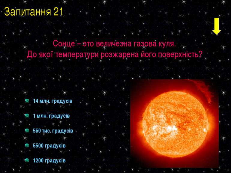 14 млн. градусів 1 млн. градусів 550 тис. градусів 5500 градусів 1200 градусі...