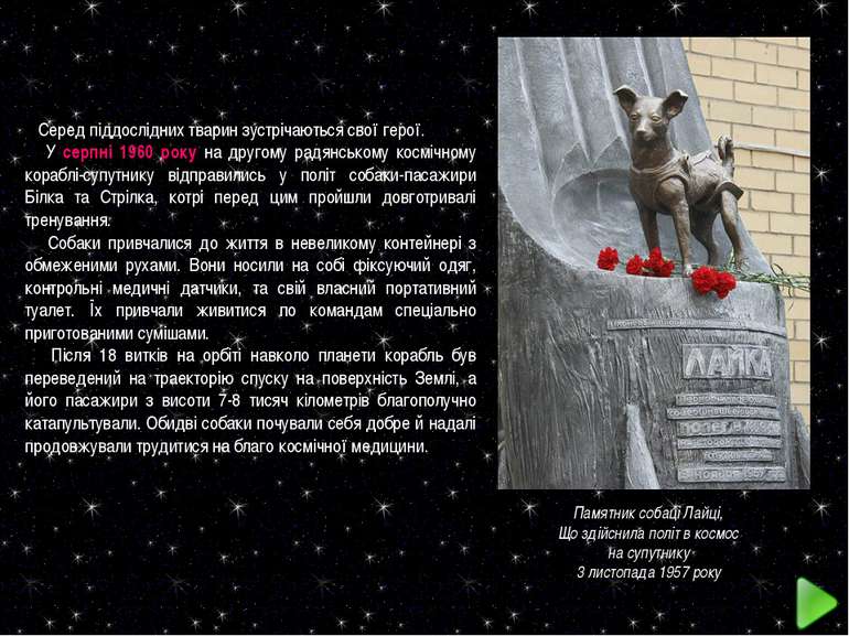 Памятник собаці Лайці, Що здійснила політ в космос на супутнику 3 листопада 1...