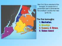 The five boroughs: 1: Manhattan, 2: Brooklyn, 3: Queens, 4: Bronx, 5: Staten ...
