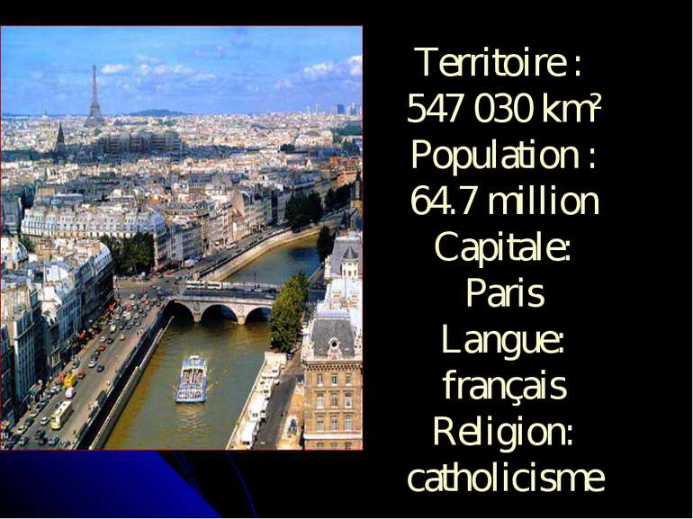 Territoire : 547 030 km² Population : 64.7 million Capitale: Paris Langue: fr...