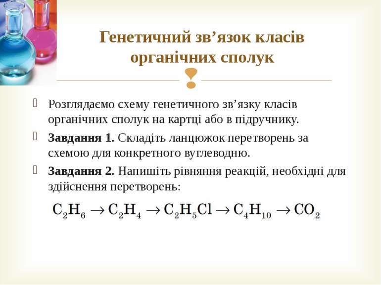 Генетичний зв’язок класів органічних сполук Розглядаємо схему генетичного зв’...