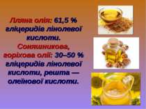 Лляна олія: 61,5 % гліцеридів лінолевої кислоти. Соняшникова, горіхова олії: ...