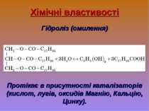 Хімічні властивості Гідроліз (омилення) Протікає в присутності каталізаторів ...