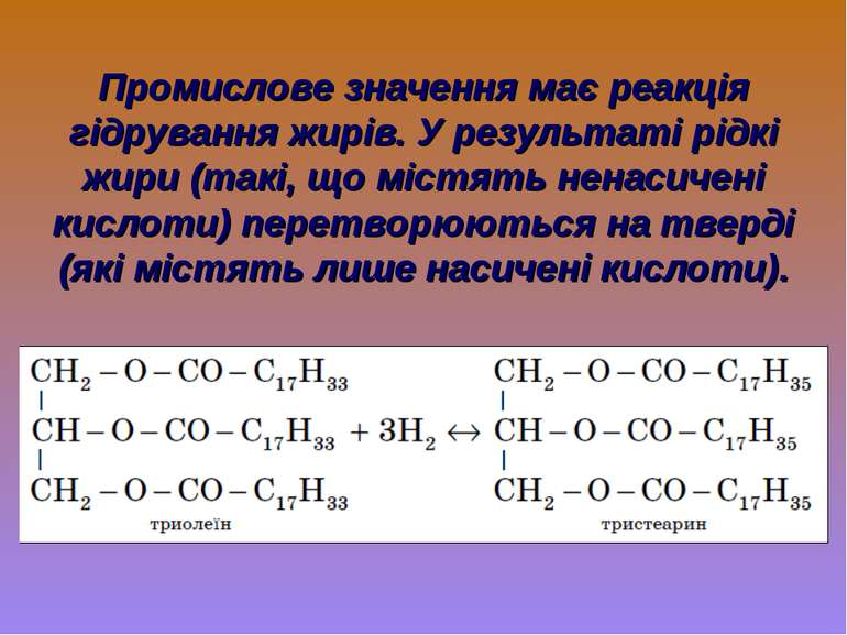 Промислове значення має реакція гідрування жирів. У результаті рідкі жири (та...