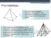 Углы пирамиды Углы простейшей пирамиды - Тетраэдра, все равны 60°, как в треу...