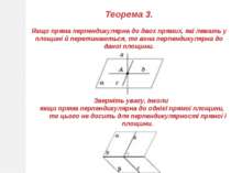 Теорема 3. Якщо пряма перпендикулярна до двох прямих, які лежать у площині й ...