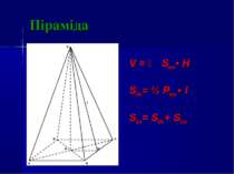 Піраміда V = ⅓ Sосн.• H Sбіч.= ½ Pосн. • l Sп.п.= Sбіч.+ Sосн.