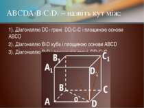 1). Діагоналлю DC1 грані DD1C1C і площиною основи ABCD 2). Діагоналлю B1D куб...