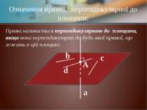 α a A b c d Означення прямої, перпендикулярної до площини: Пряма називається ...
