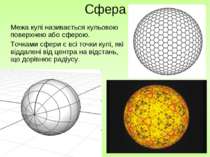 Сфера Межа кулі називається кульовою поверхнею або сферою. Точками сфери є вс...