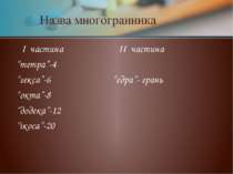 Назва многогранника I частина II частина “тетра”-4 “гекса”-6 “едра”- грань “о...