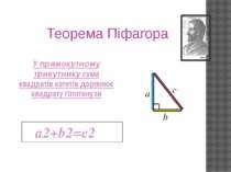 У прямокутному трикутнику сума квадратів катетів дорівнює квадрату гіпотенузи...