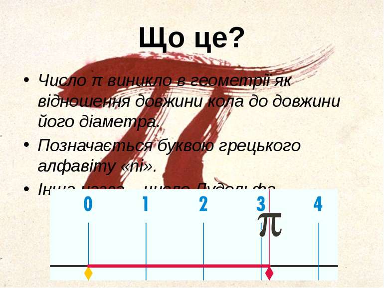Що це? Число π виникло в геометрії як відношення довжини кола до довжини його...