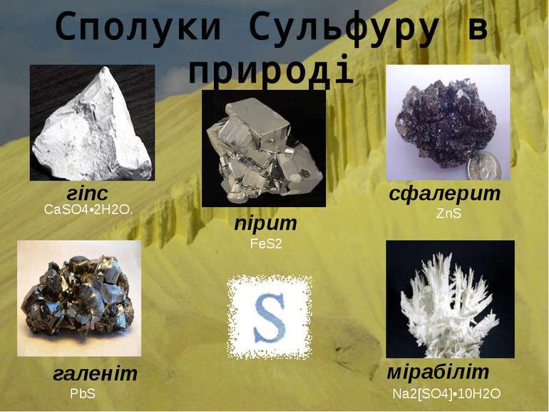 Сполуки Сульфуру в природі мірабіліт пірит галеніт гіпс сфалерит  CaSO4•2H2O....