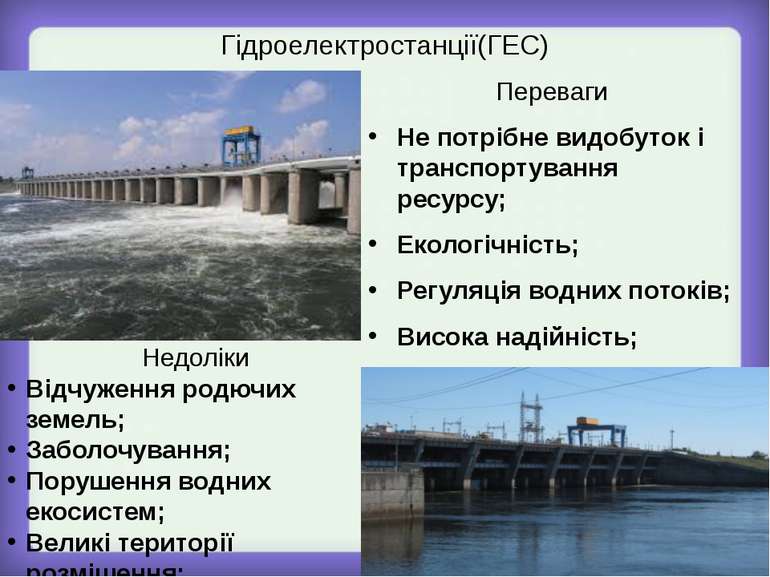 Гідроелектростанції(ГЕС) Переваги Не потрібне видобуток і транспортування рес...