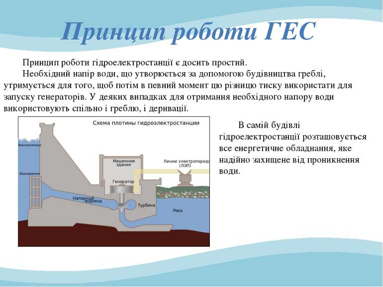 Принцип роботи гідроелектростанції є досить простий. Необхідний напір води, щ...