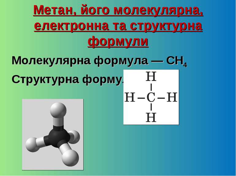 Метан, його молекулярна, електронна та структурна формули Молекулярна формула...