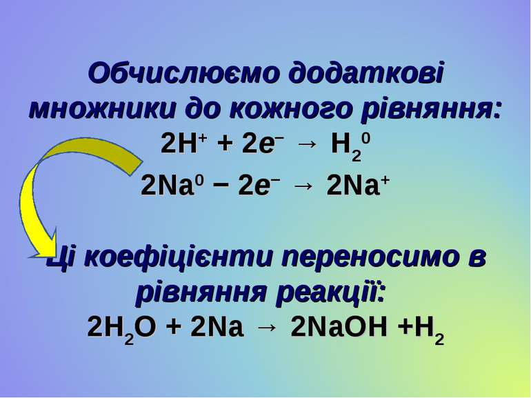 Обчислюємо додаткові множники до кожного рівняння: 2H+ + 2e− → H20 2Na0 − 2e−...