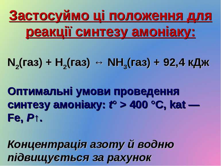 Застосуймо ці положення для реакції синтезу амоніаку: N2(газ) + H2(газ) ↔ NH3...