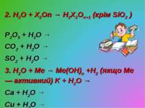 2. H2O + X2On → H2X2On+1 (крім SiO2 ) P2O5 + H2O → CO2 + H2O → SO2 + H2O → 3....