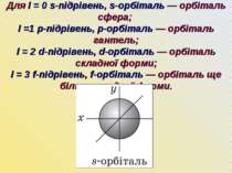 Для l = 0 s-підрівень, s-орбіталь — орбіталь сфера; l =1 p-підрівень, p-орбіт...