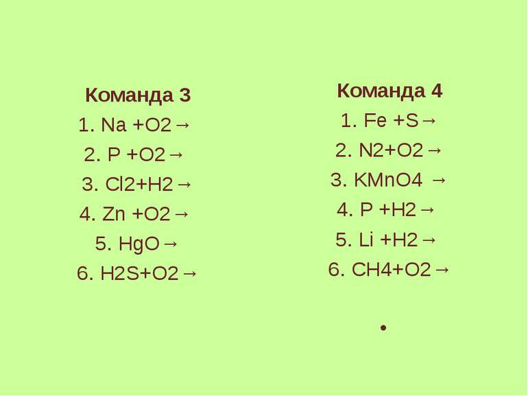 Команда 3 1. Na +O2→ 2. P +O2→ 3. Cl2+H2→ 4. Zn +O2→ 5. HgO→ 6. H2S+O2→ Коман...